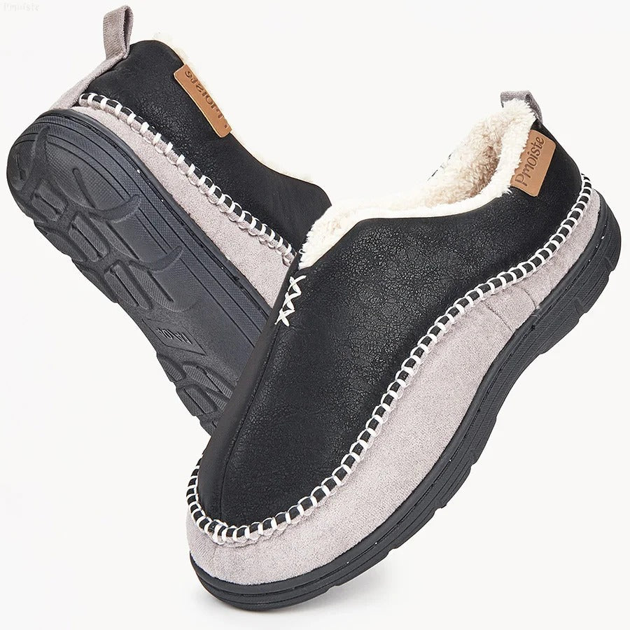 Closed men's slippers in suede look with teddy lining and a hard sole with tread - black