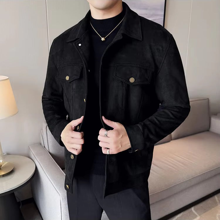 Men's suede-look trucker jacket with two flap chest pockets - black