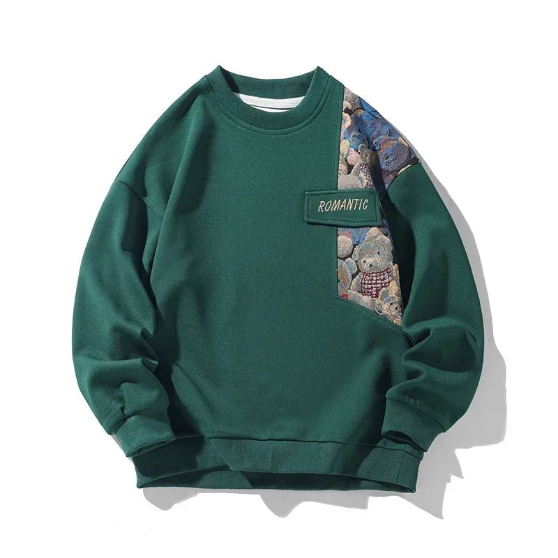 Men's crew neck sweatshirt with a teddy bear tapestry panel - bottle green