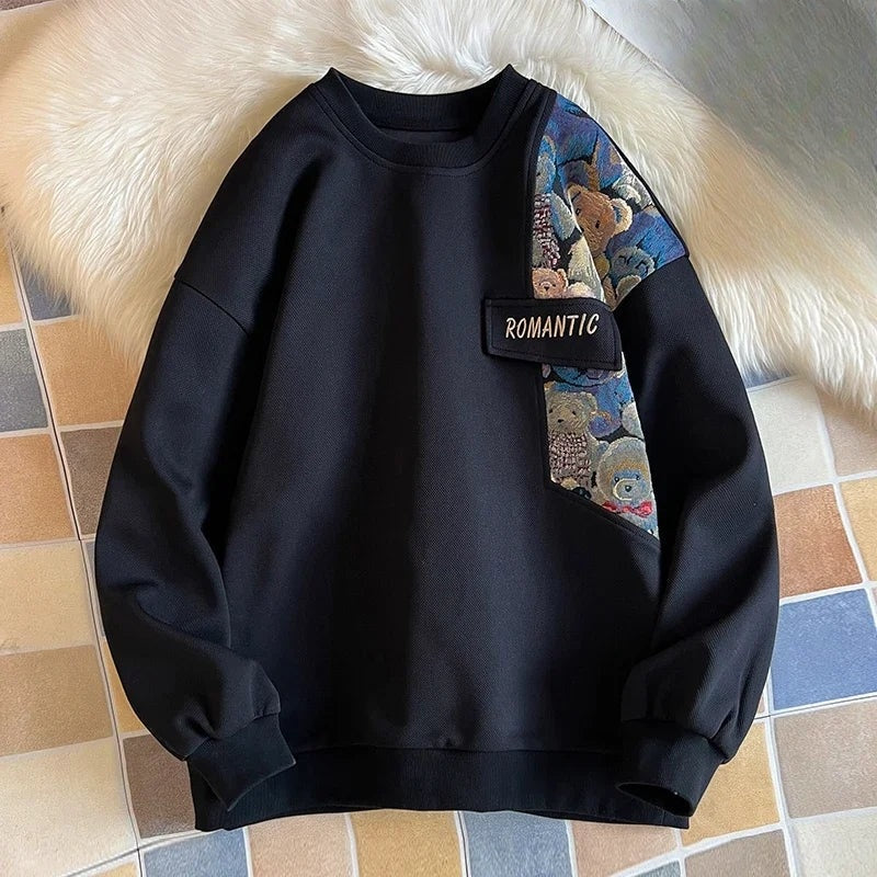 Men's crew neck sweatshirt with a teddy bear tapestry panel - black