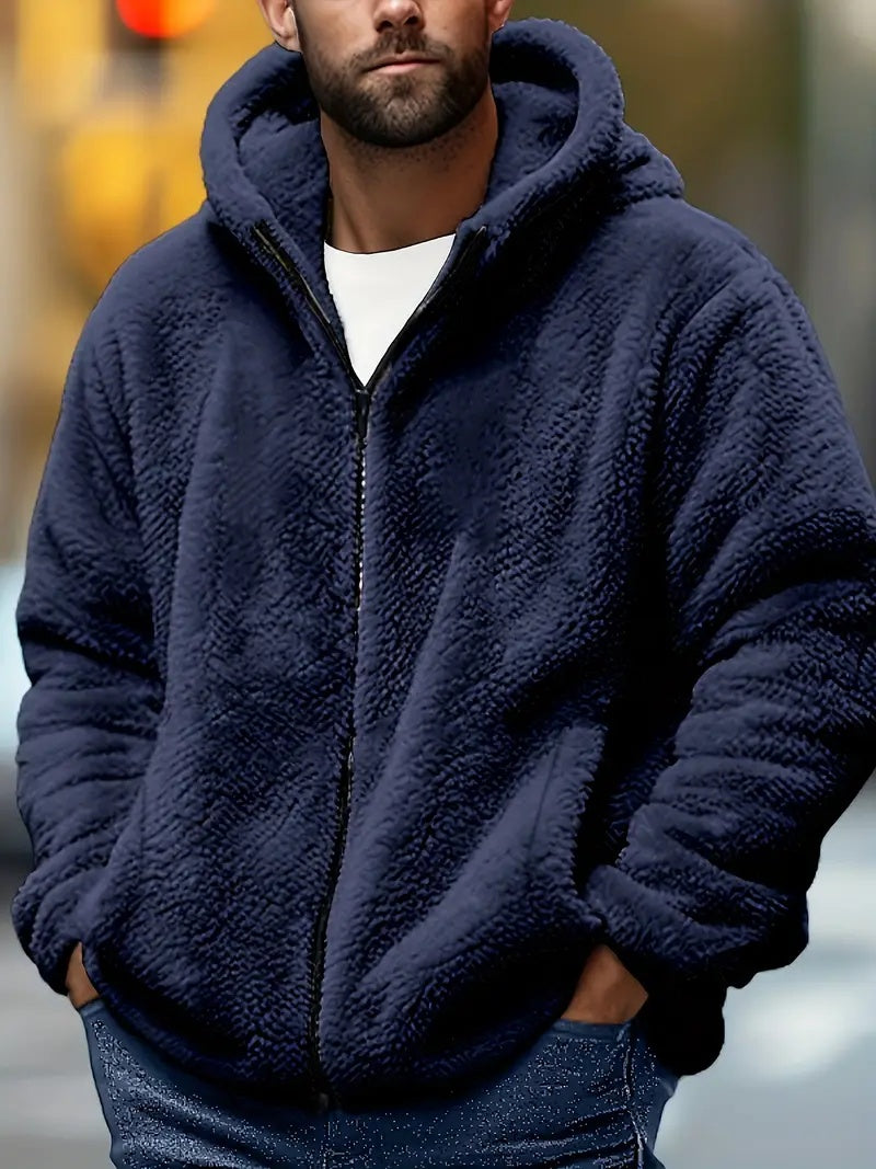 Men's teddy fleece hooded jacket with a full zip - navy