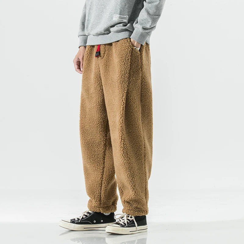 Men's teddy fleece joggers with a red drawcord and elasticated ankle cuffs - view 7