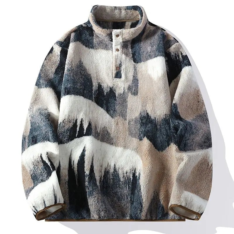 Men's teddy fleece jumper with a mountain print and press studs at the neck - beige grey