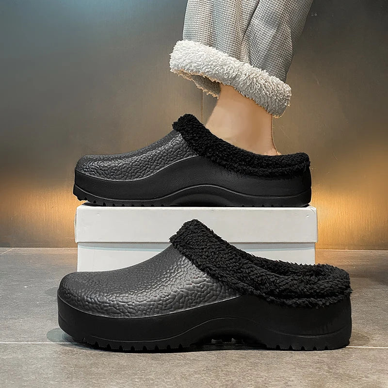 Men's mule slippers with an open heel, teddy lining and a thick sole with tread - view 2