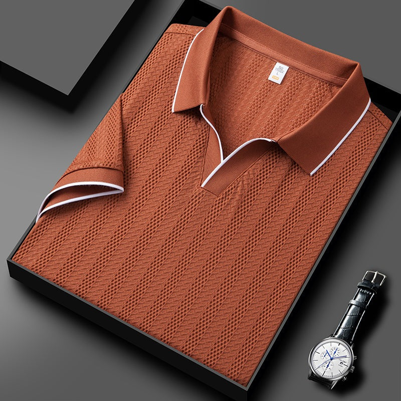 Men's textured knit polo with an open V collar and contrast piping - rust