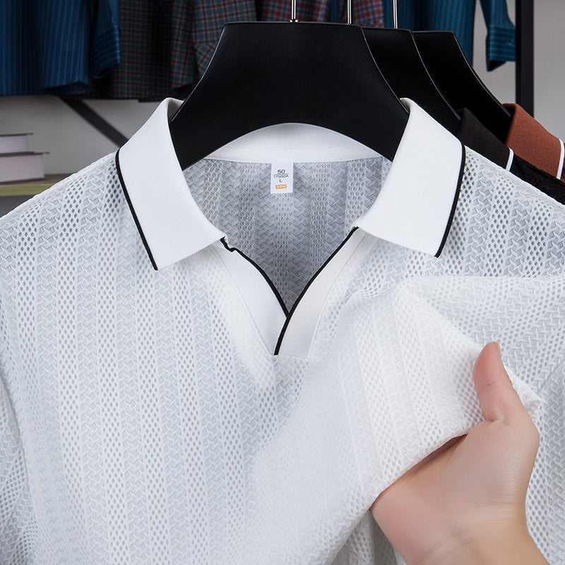 Men's textured knit polo with an open V collar and contrast piping - view 10