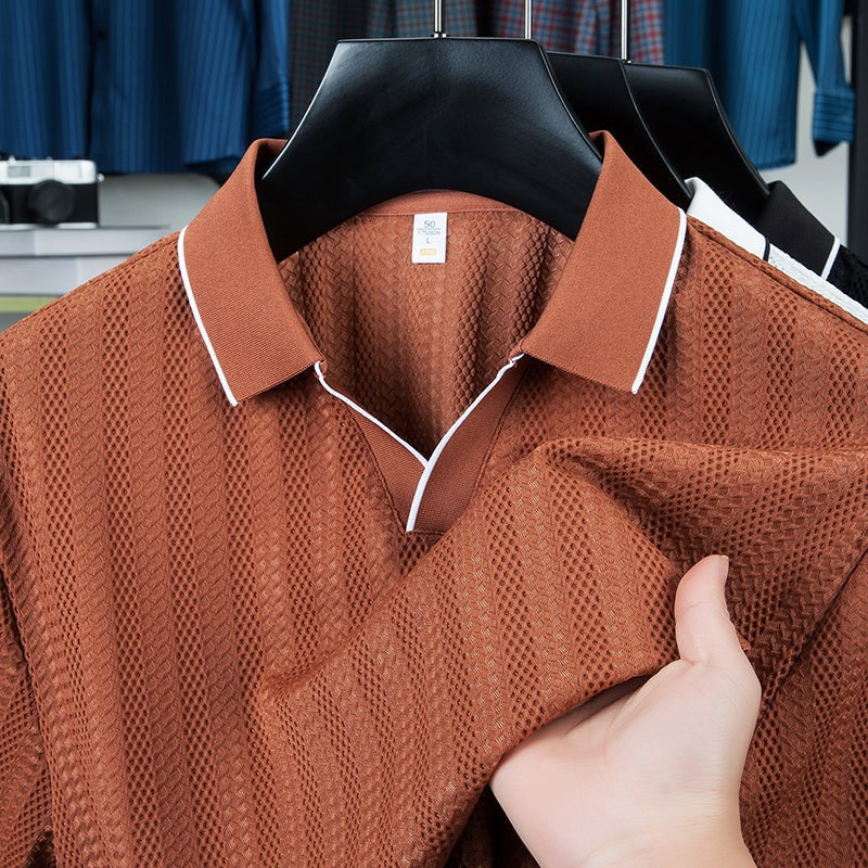 Men's textured knit polo with an open V collar and contrast piping - view 3