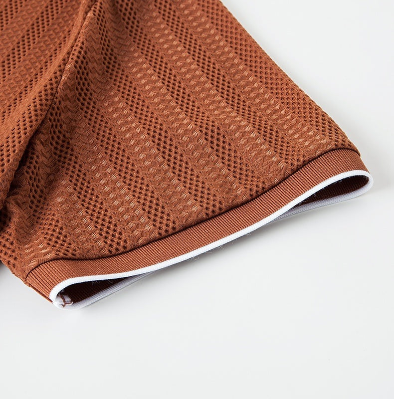 Men's textured knit polo with an open V collar and contrast piping - view 5