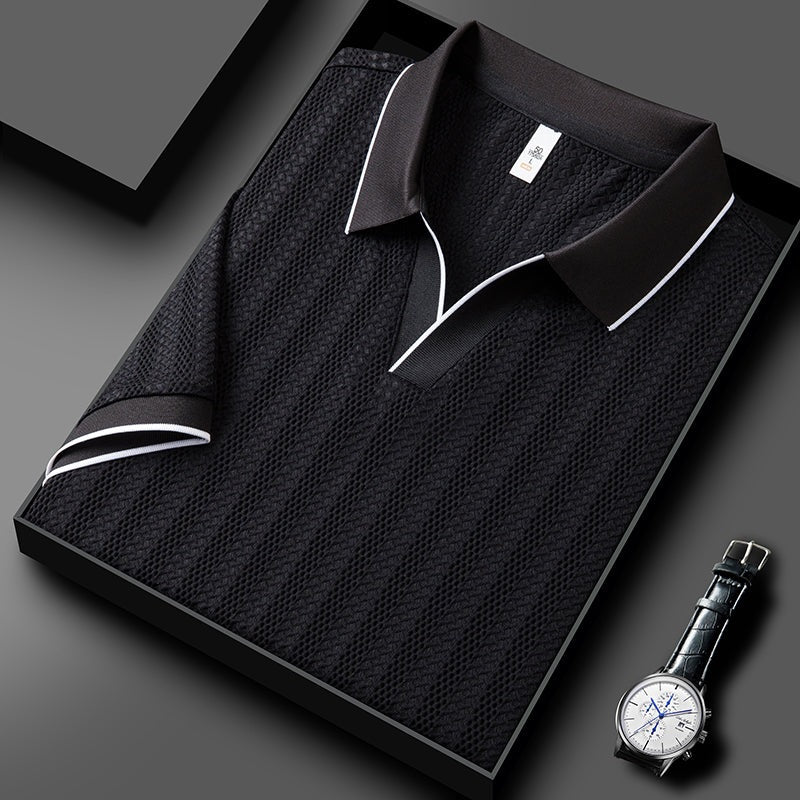 Men's textured knit polo with an open V collar and contrast piping - black