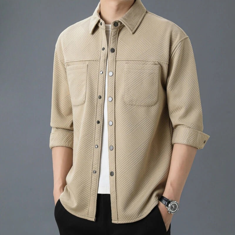 Men's textured overshirt with press studs and two chest pockets - beige