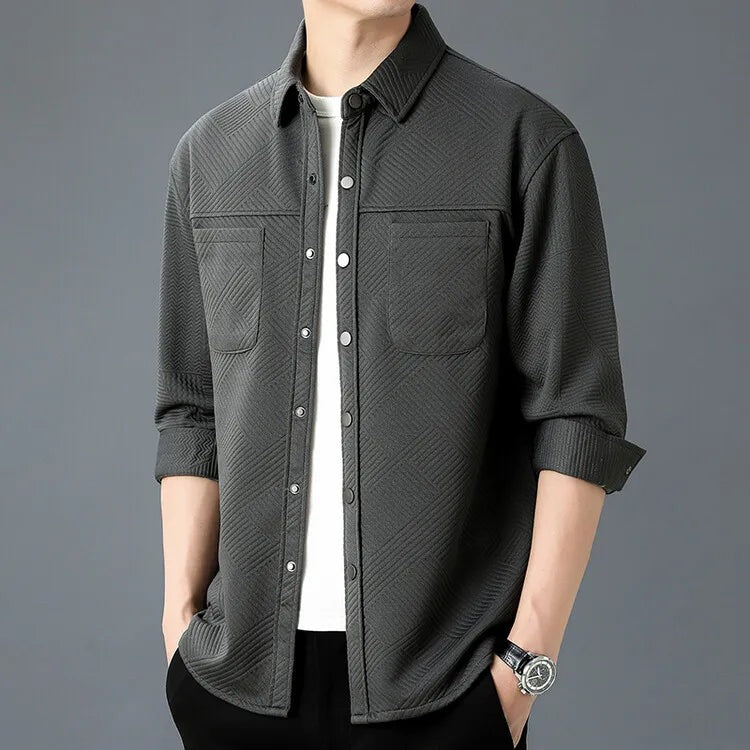 Men's textured overshirt with press studs and two chest pockets - charcoal