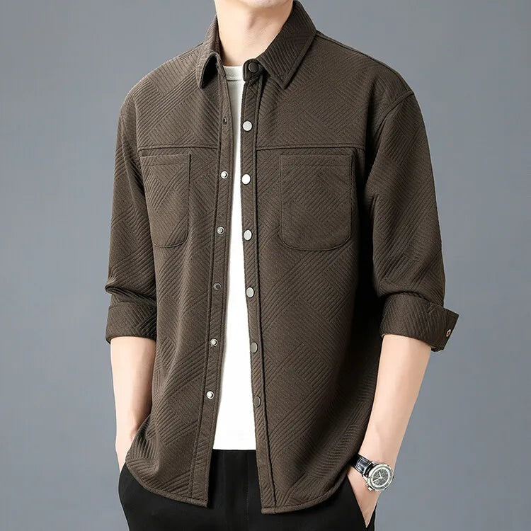 Men's textured overshirt with press studs and two chest pockets - dark brown