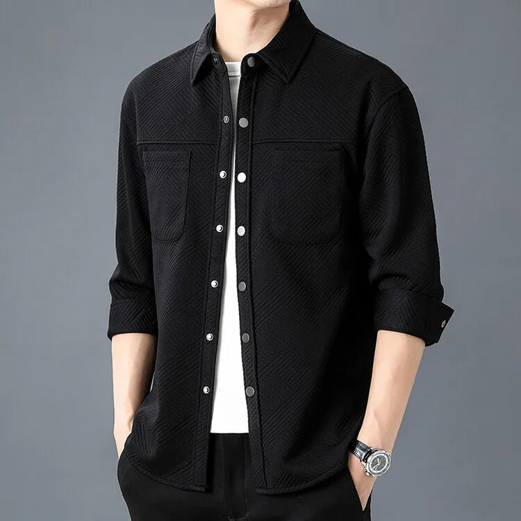 Men's textured overshirt with press studs and two chest pockets - black