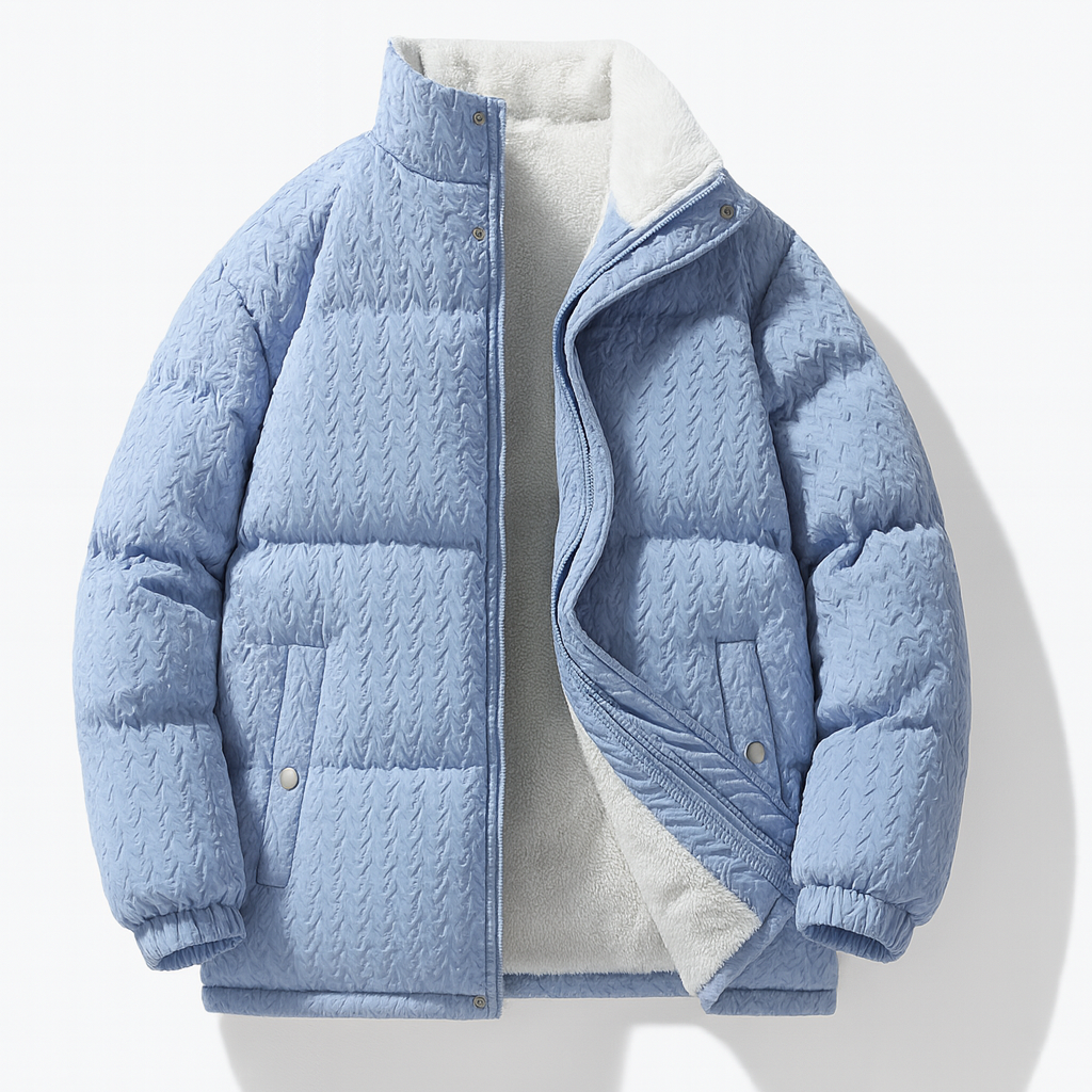 Men's textured puffer jacket with teddy fleece lining - light blue
