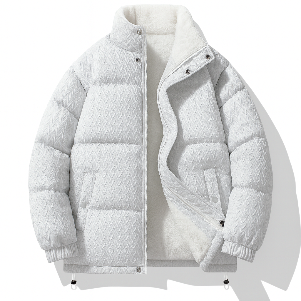 Men's textured puffer jacket with teddy fleece lining - white