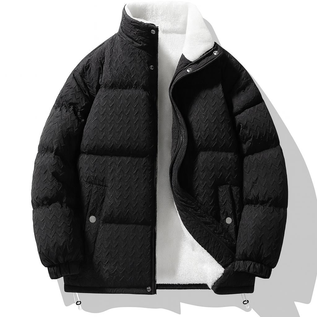 Men's textured puffer jacket with teddy fleece lining - black