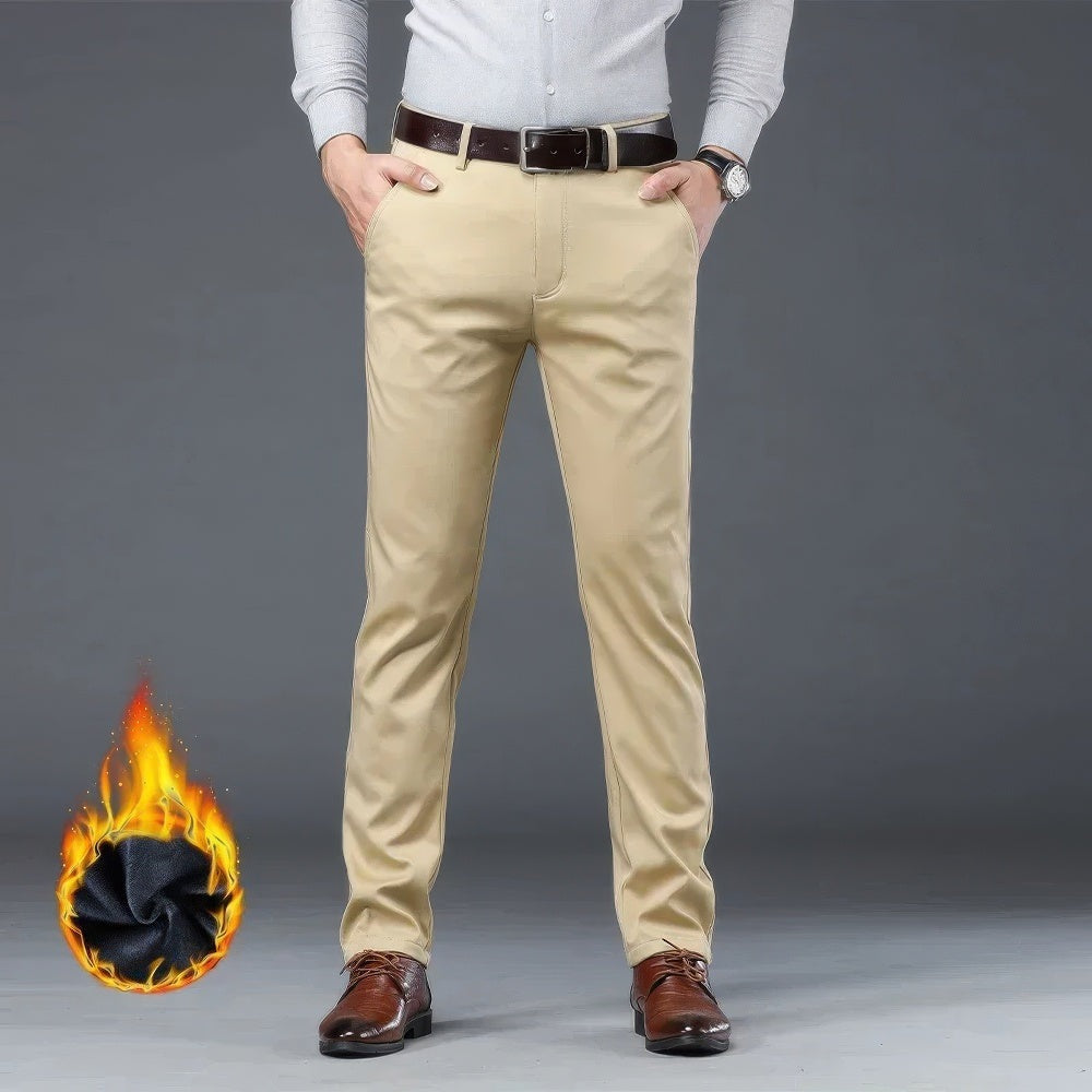 Men's thermal-lined chino trousers with belt loops and slanted pockets - khaki