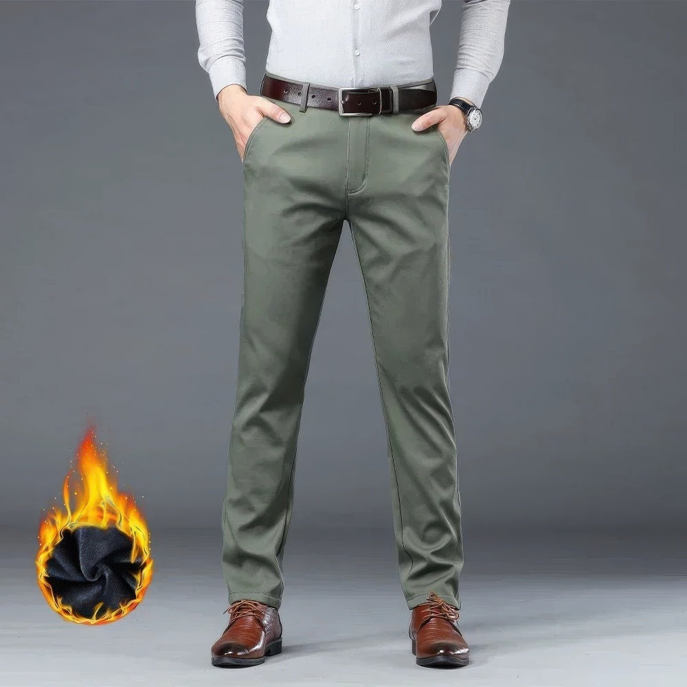 Men's thermal-lined chino trousers with belt loops and slanted pockets - olive