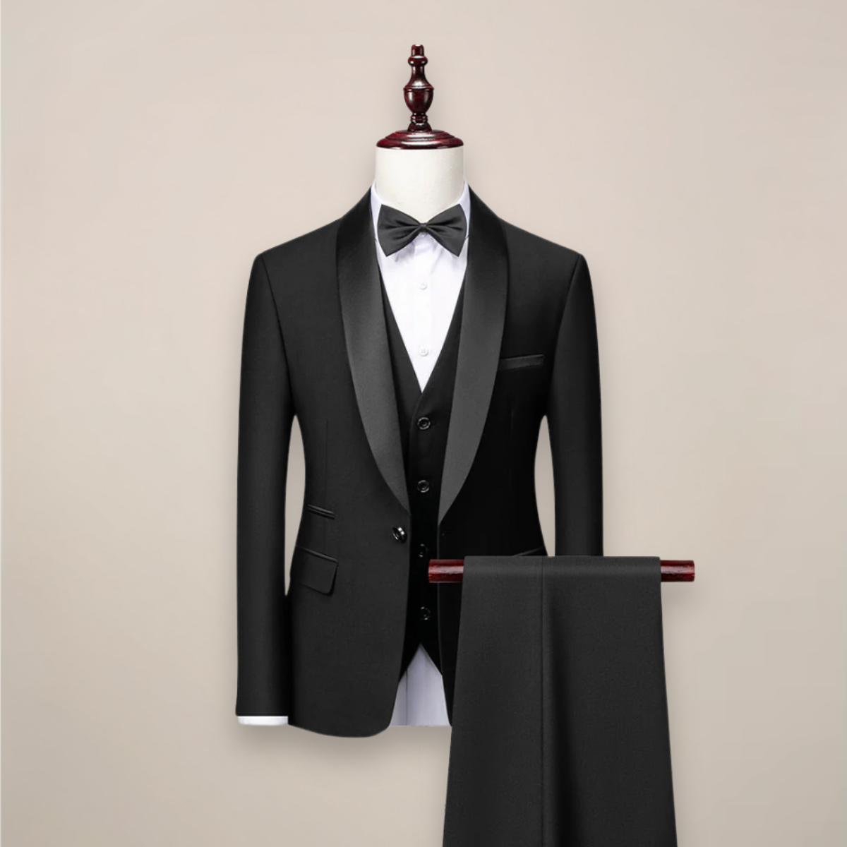 Three-piece tuxedo for men with contrast shawl lapels, one-button jacket, waistcoat and trousers - black