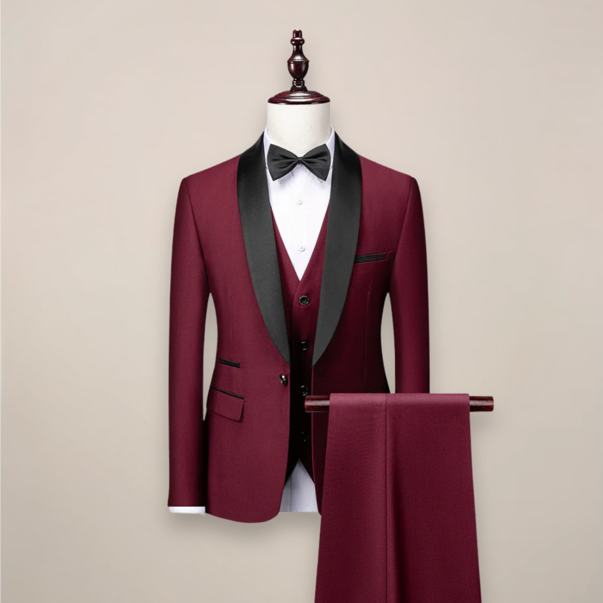 Three-piece tuxedo for men with contrast shawl lapels, one-button jacket, waistcoat and trousers - burgundy