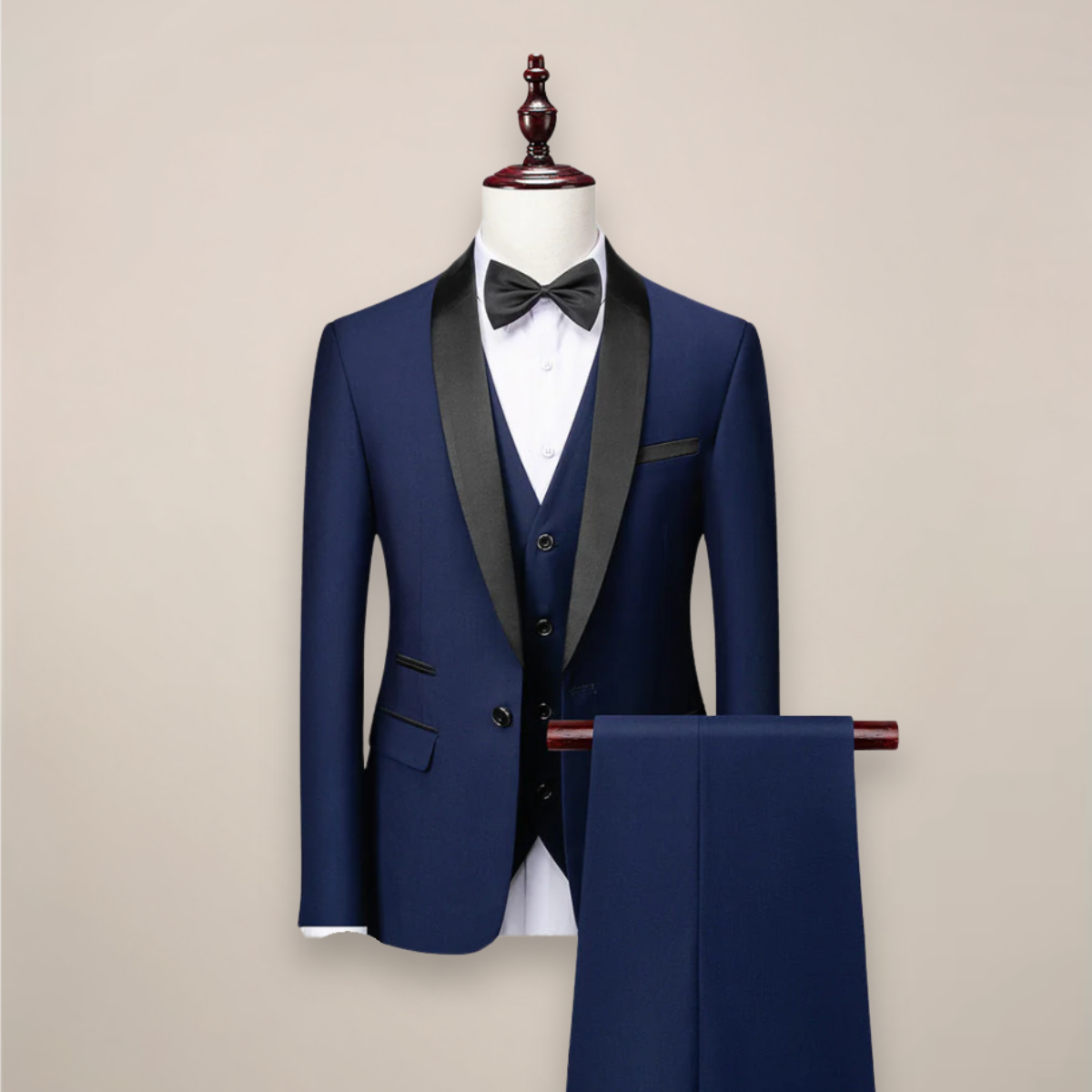 Three-piece tuxedo for men with contrast shawl lapels, one-button jacket, waistcoat and trousers - navy