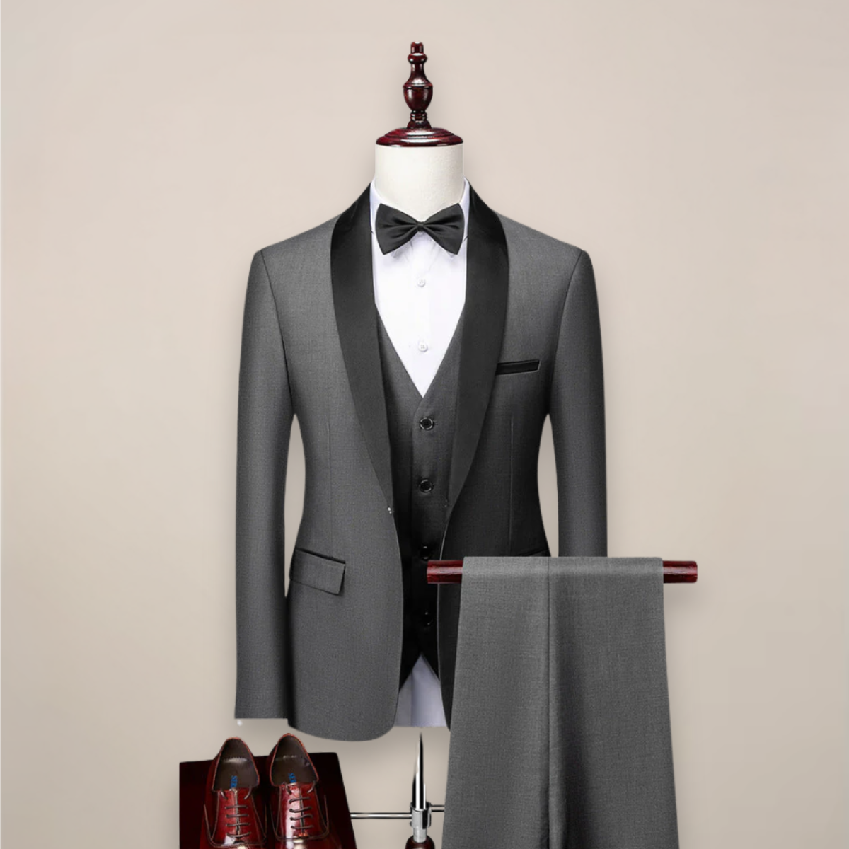Three-piece tuxedo for men with contrast shawl lapels, one-button jacket, waistcoat and trousers - grey