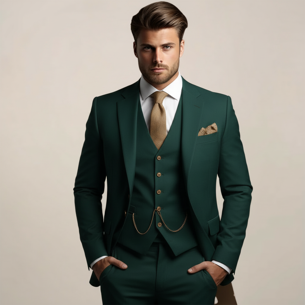 Three-piece wedding suit for men with jacket, five-button V-neck waistcoat and matching trousers - dark green