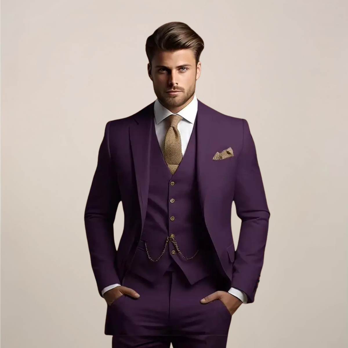 Three-piece wedding suit for men with jacket, five-button V-neck waistcoat and matching trousers - dark purple