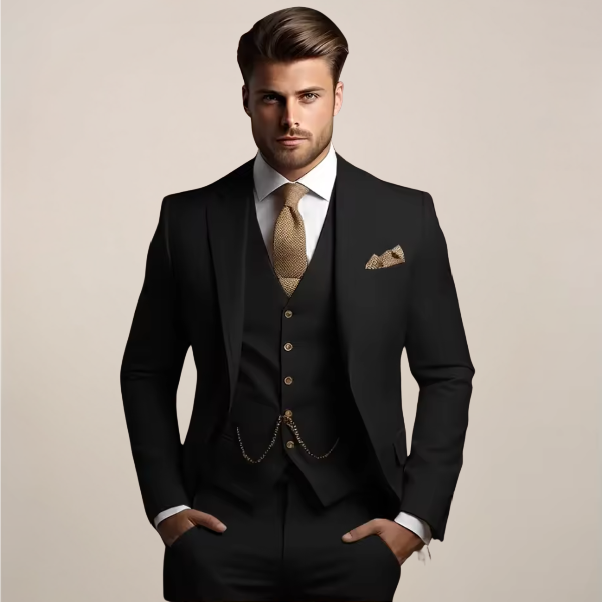 Three-piece wedding suit for men with jacket, five-button V-neck waistcoat and matching trousers - black