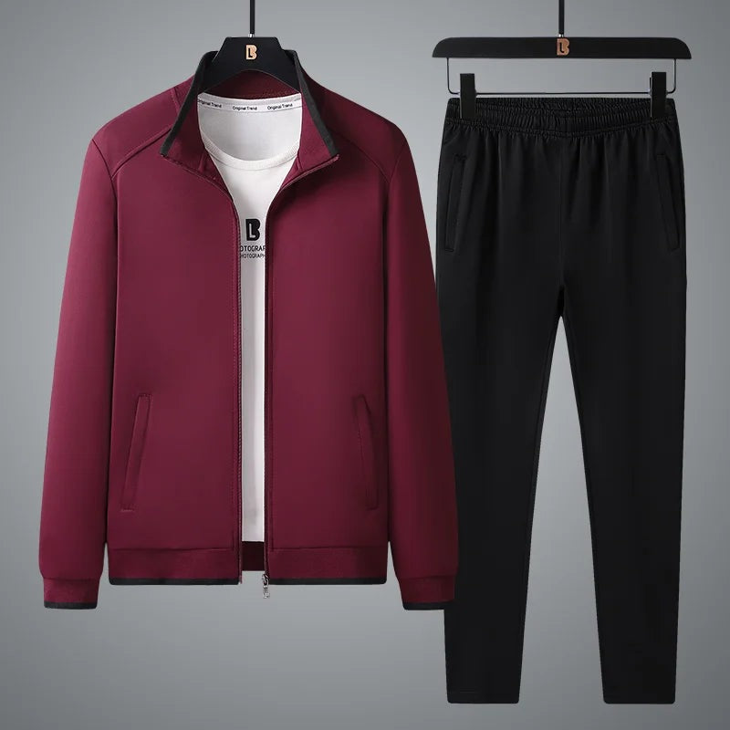 Men's two-piece tracksuit with a zip-through jacket, stand collar and joggers - burgundy