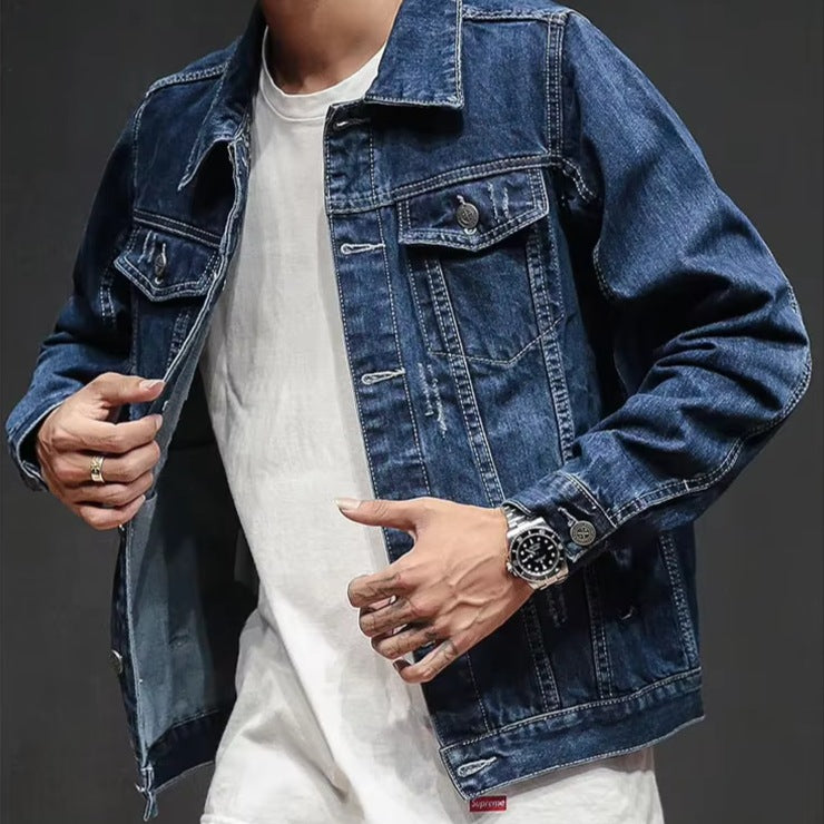 Men's trucker denim jacket with light distressing and flap chest pockets - dark blue