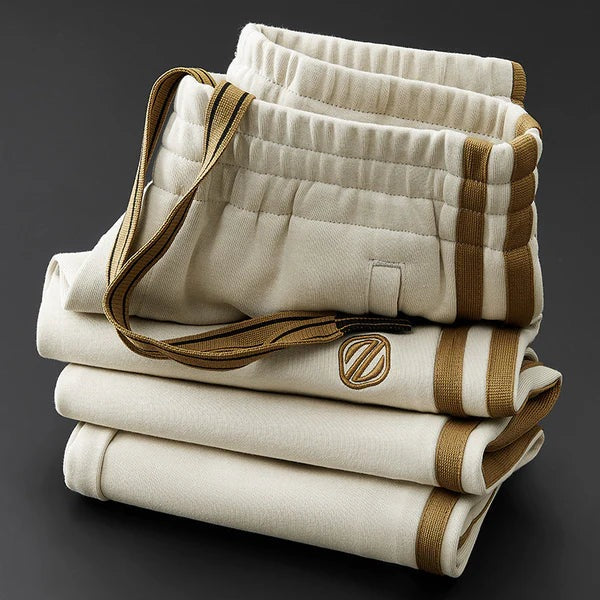 Men's two-piece set with a T-shirt and straight trousers with gold-tone side stripes - view 3