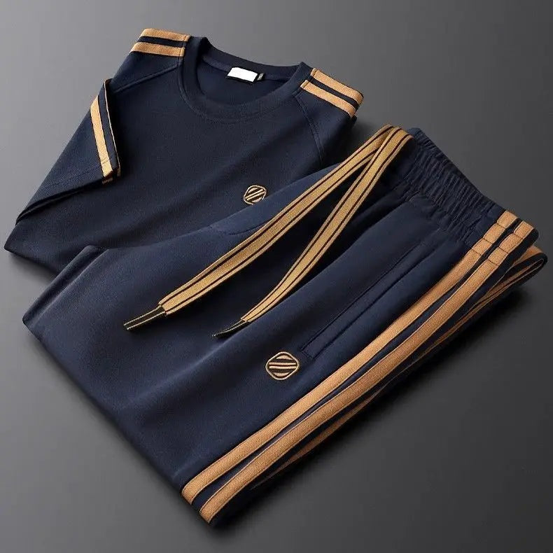 Men's two-piece set with a T-shirt and straight trousers with gold-tone side stripes - navy