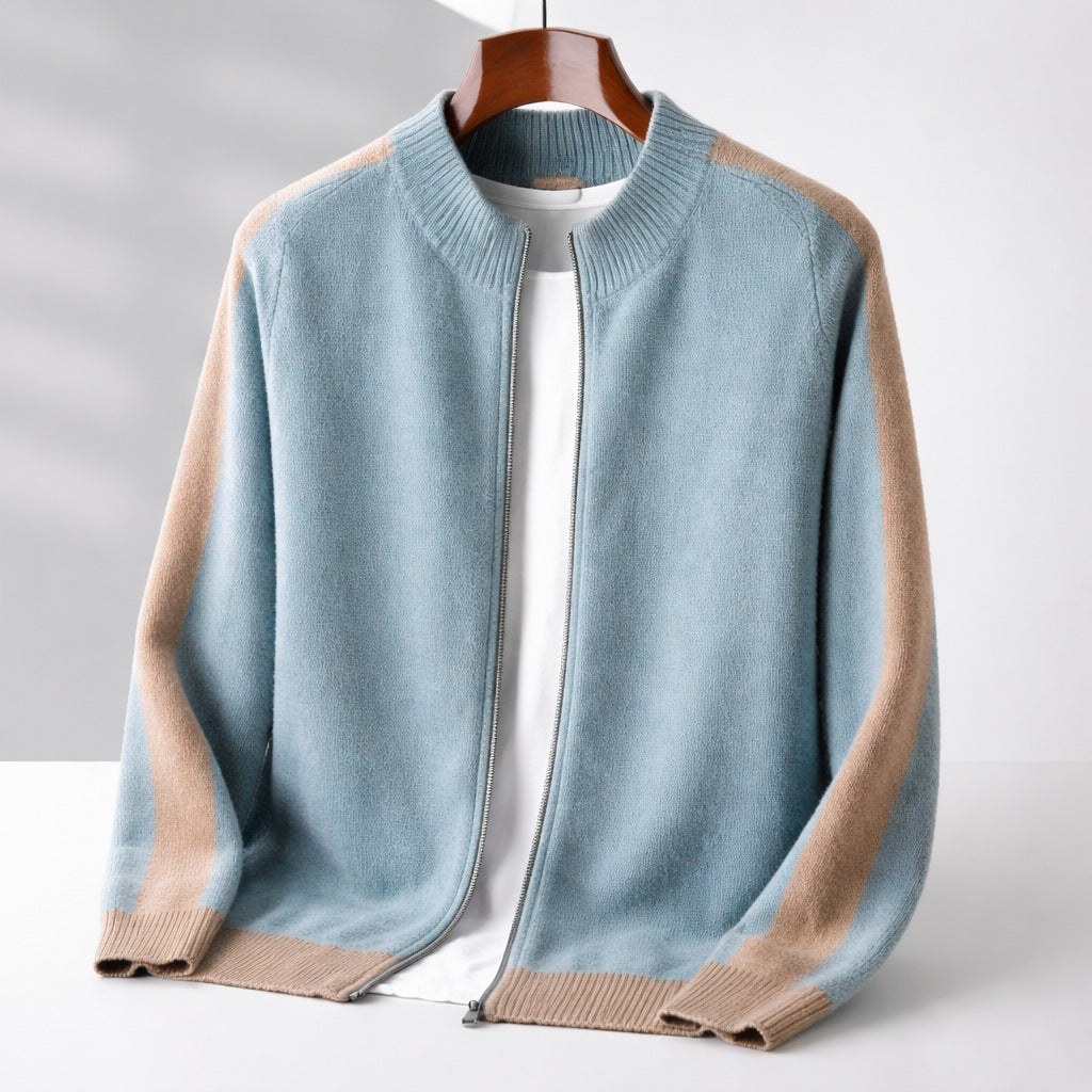 Men's two-tone knitted zip cardigan with a ribbed stand collar - light blue
