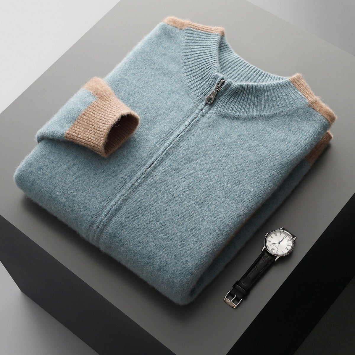 Men's two-tone knitted zip cardigan with a ribbed stand collar - view 3