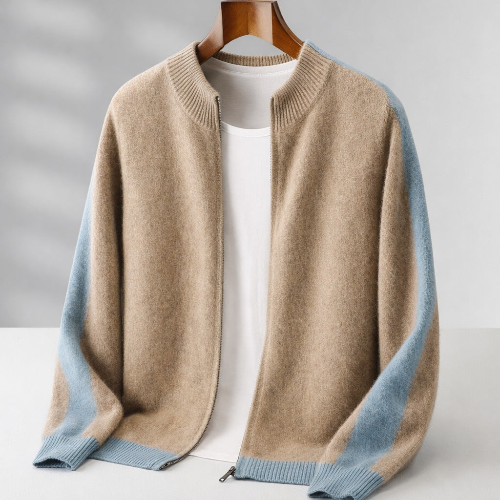 Men's two-tone knitted zip cardigan with a ribbed stand collar - camel