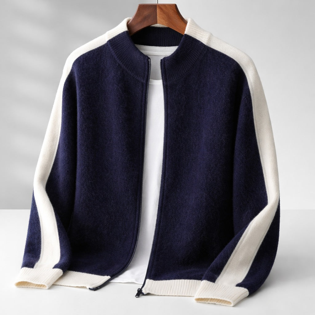 Men's two-tone knitted zip cardigan with a ribbed stand collar - navy