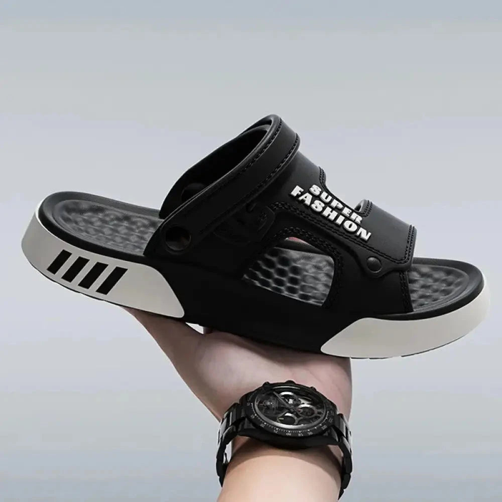 EVA sliders with two wide bands, a pivoting heel strap and two-tone sole
