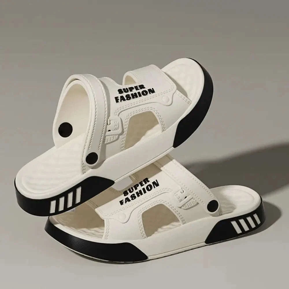 EVA sliders with two wide bands, a pivoting heel strap and two-tone sole - view 6
