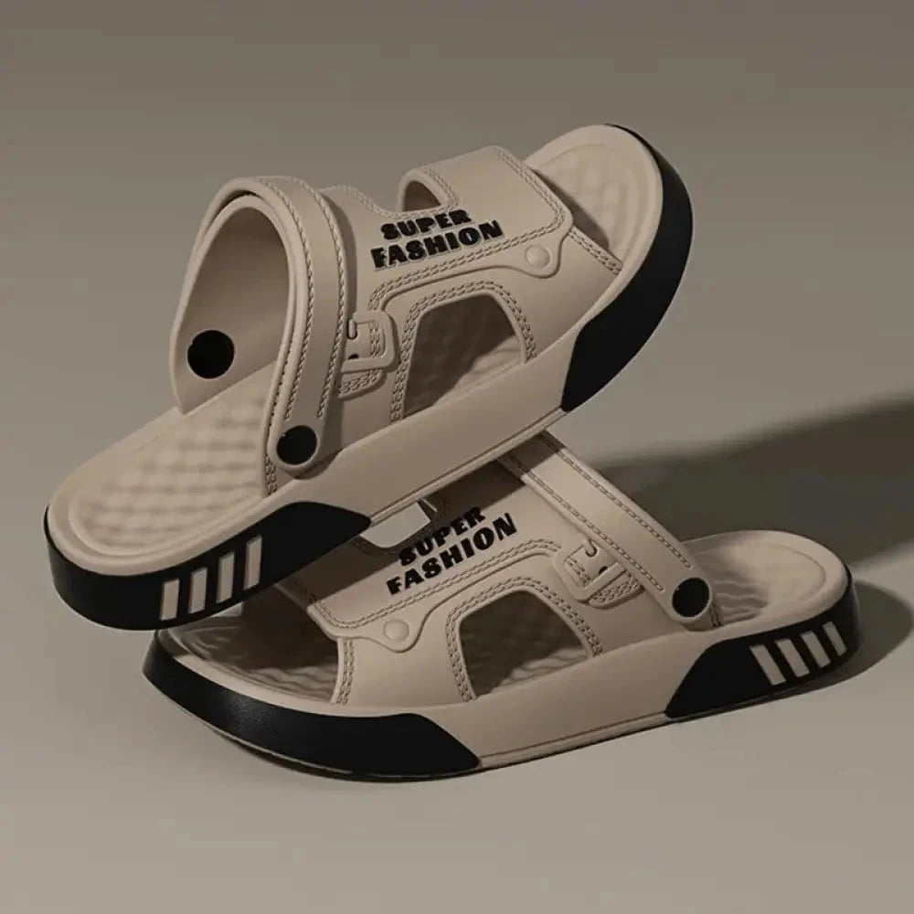 EVA sliders with two wide bands, a pivoting heel strap and two-tone sole - beige