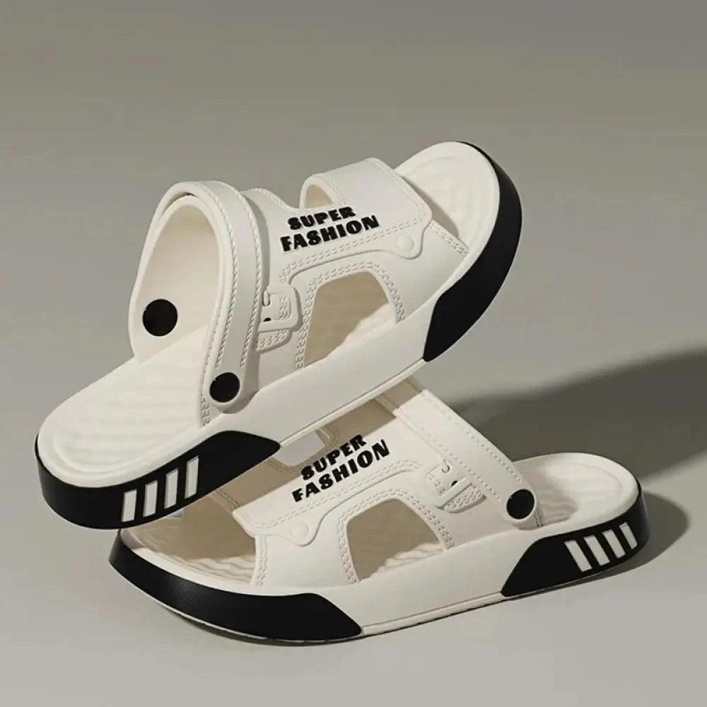 EVA sliders with two wide bands, a pivoting heel strap and two-tone sole - white