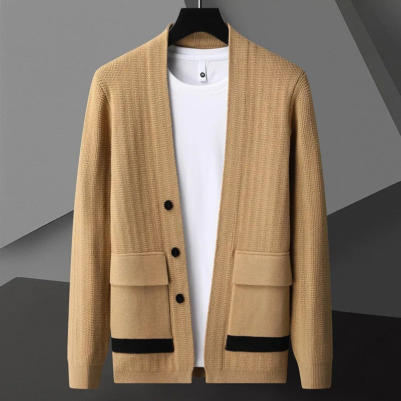 Men's knitted V-neck cardigan with three buttons and flap pockets with a contrast stripe - camel
