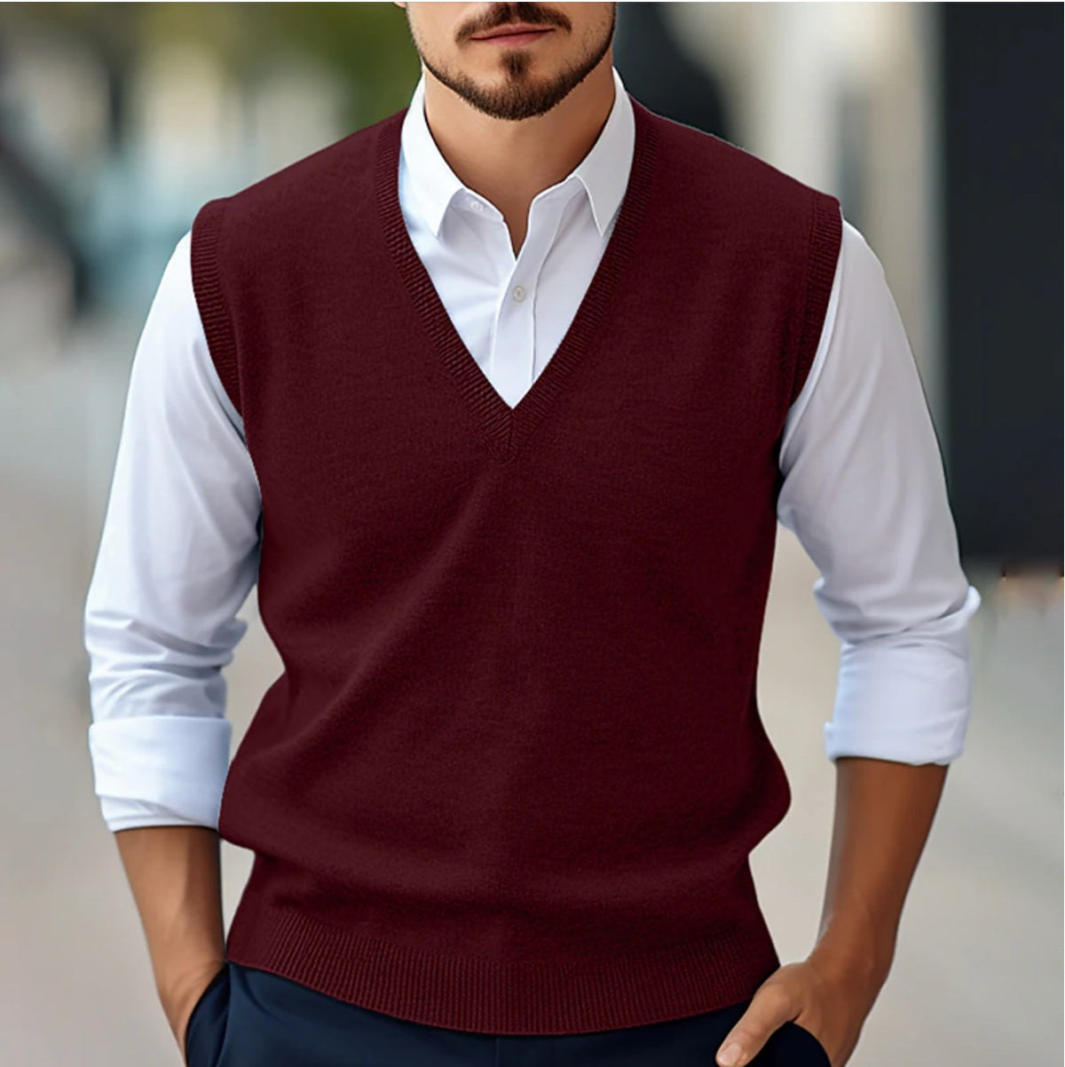 Men's sleeveless V-neck knitted slipover with ribbed trims - burgundy