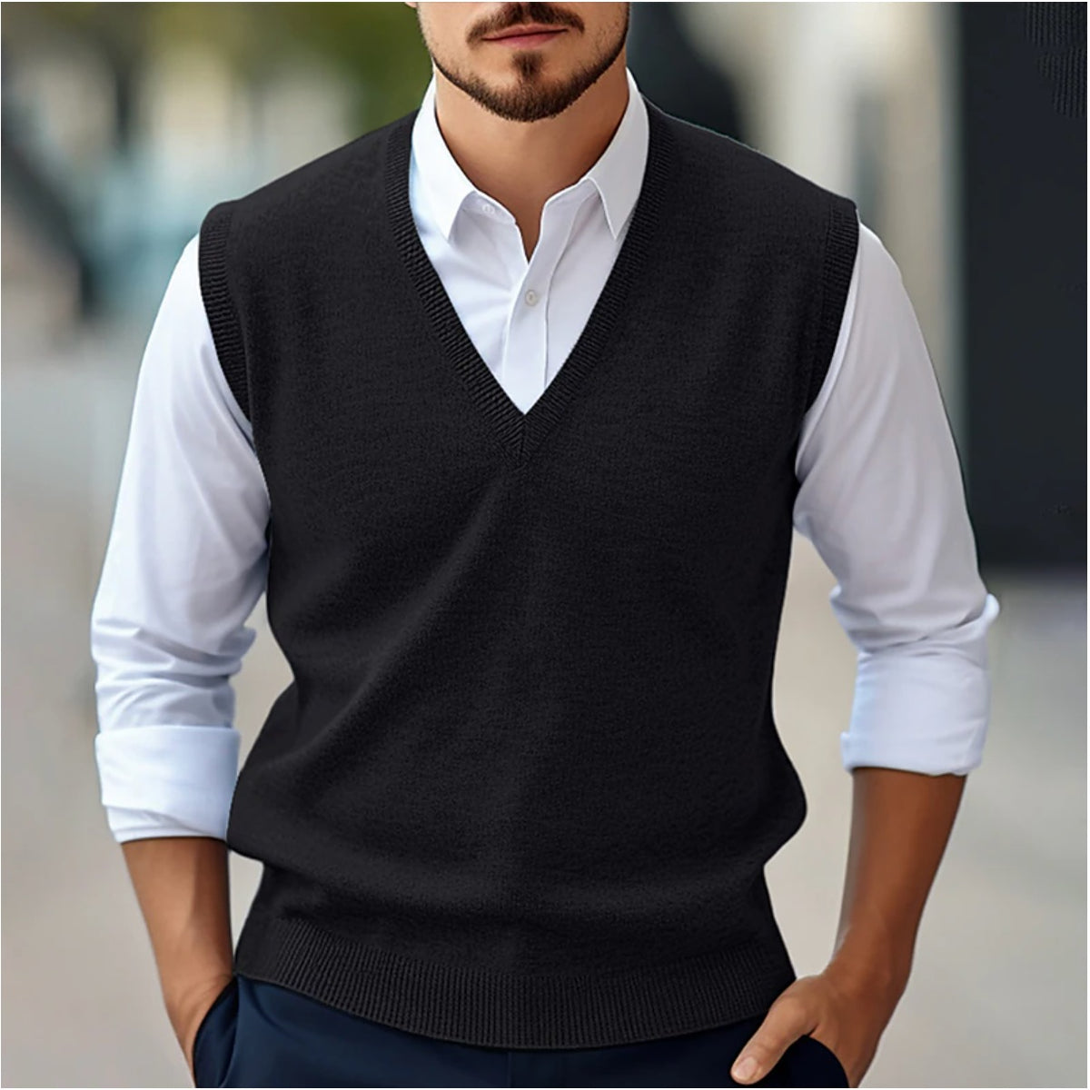 Men's sleeveless V-neck knitted slipover with ribbed trims - black