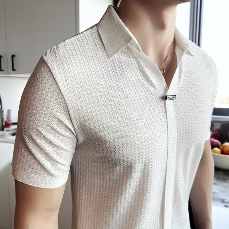 Men's slim fit V-neck polo with a shirt collar and concealed placket - view 2