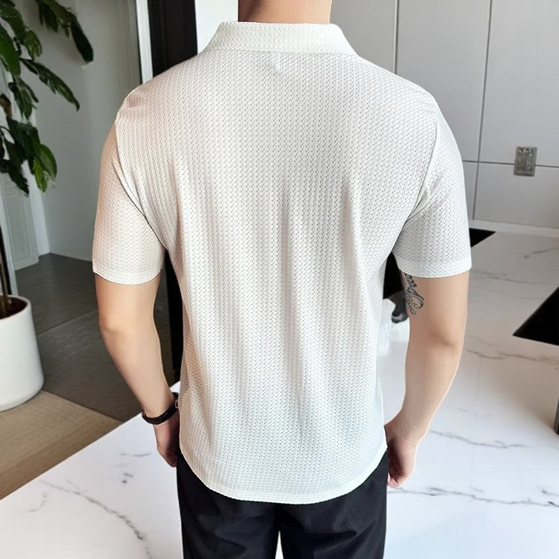 Men's slim fit V-neck polo with a shirt collar and concealed placket - view 3