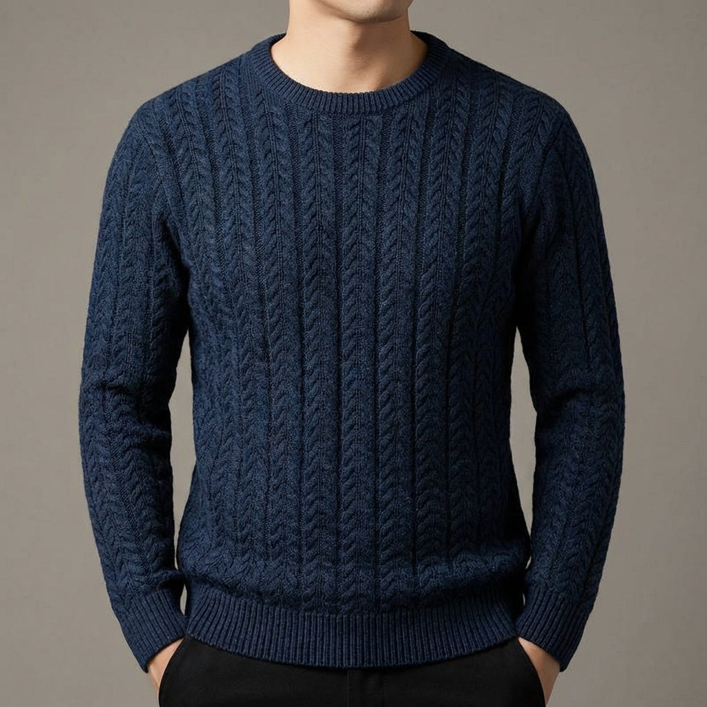 Men's crew neck jumper in a vertical cable knit with ribbed trims