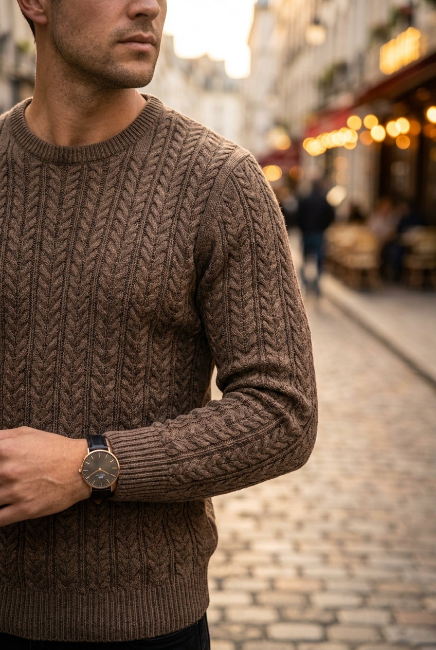 Men's crew neck jumper in a vertical cable knit with ribbed trims - view 3