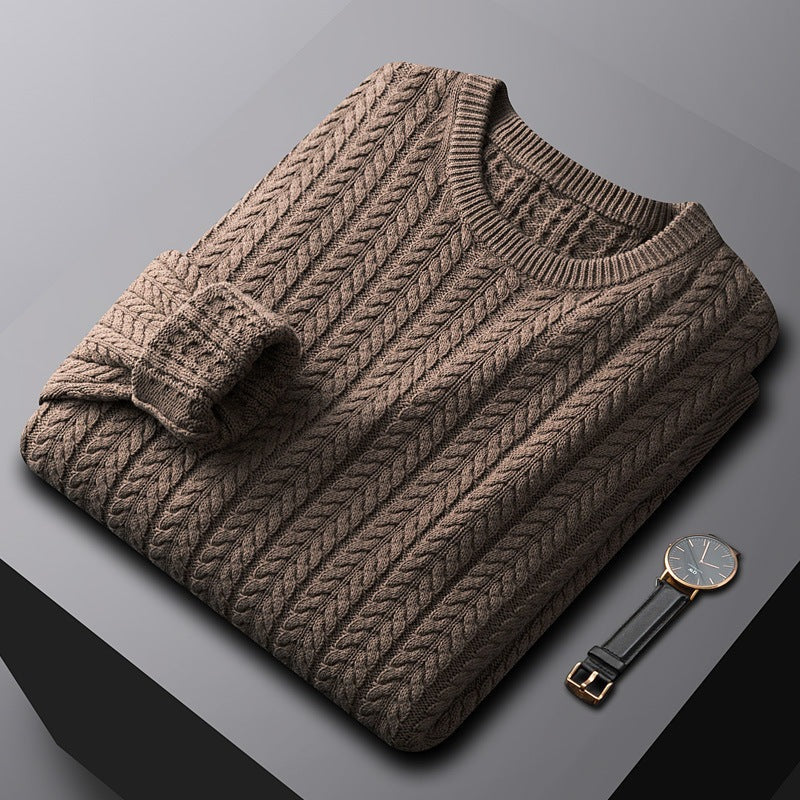 Men's crew neck jumper in a vertical cable knit with ribbed trims - brown