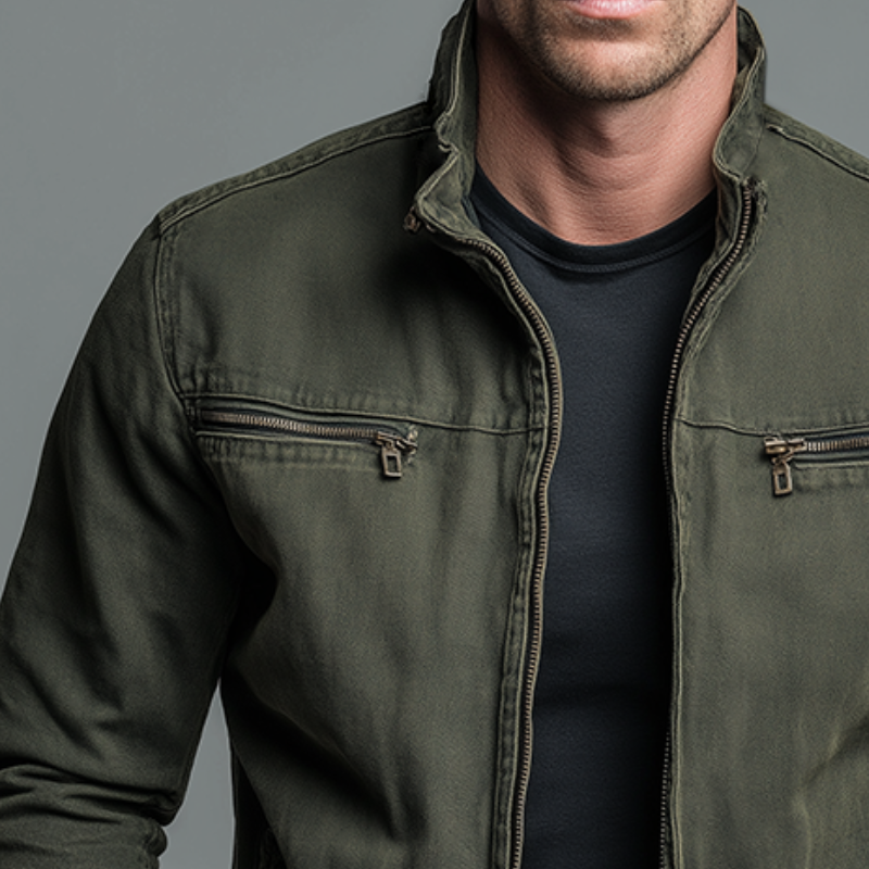 Vintage zip jacket for men with stand collar, full zip and two zipped chest pockets
